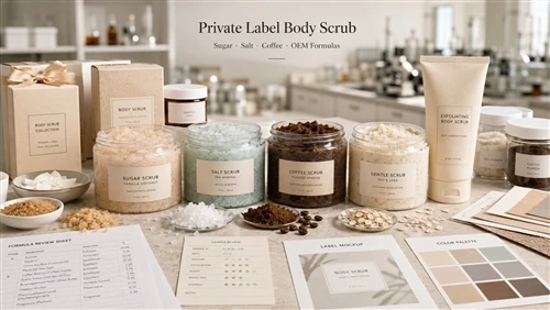 Guia d'exfoliació corporal d'etiqueta privada: exfoliant amb sucre, exfoliant...